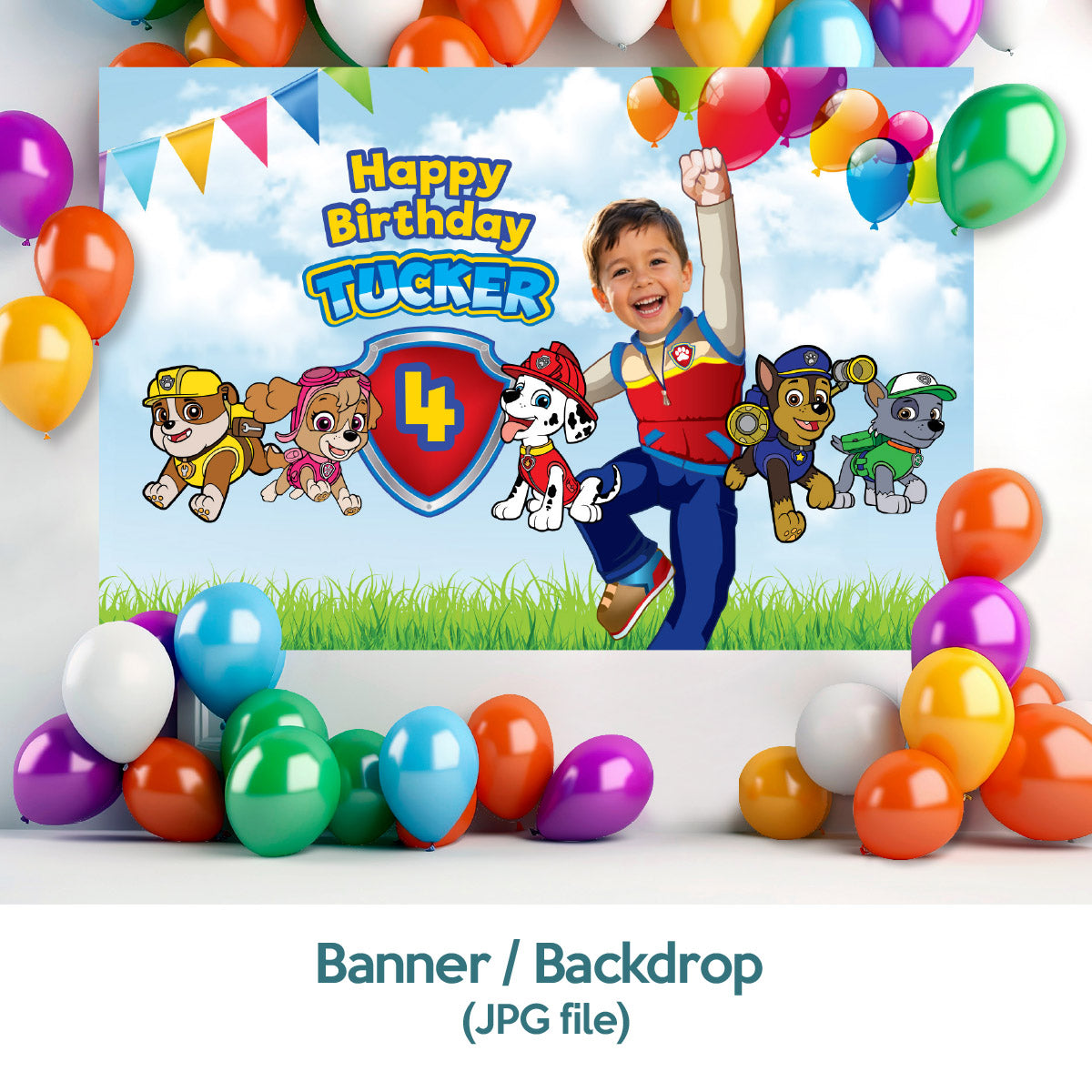 Custom Paw Patrol party Bundle with photo: backdrop, cake topper, welcome sign. 2461B4