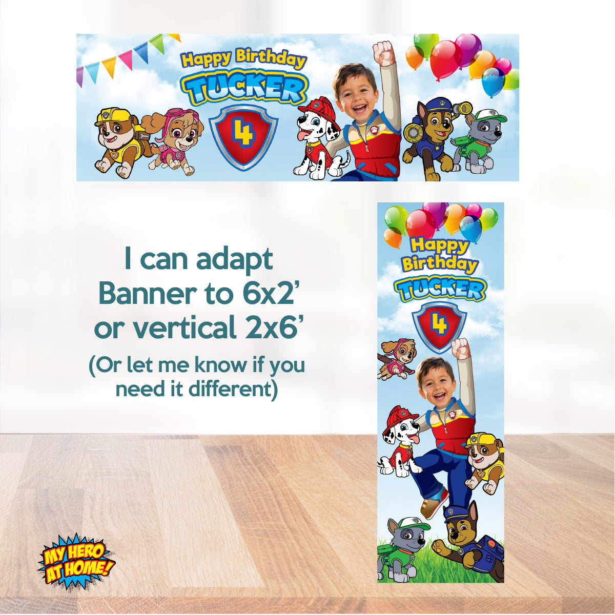 Custom Paw Patrol party Bundle with photo: backdrop, cake topper, welcome sign. 2461B4