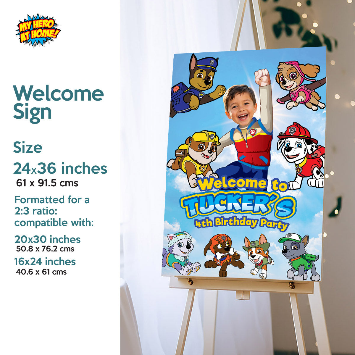 Custom Paw Patrol party Bundle with photo: backdrop, cake topper, welcome sign. 2461B4
