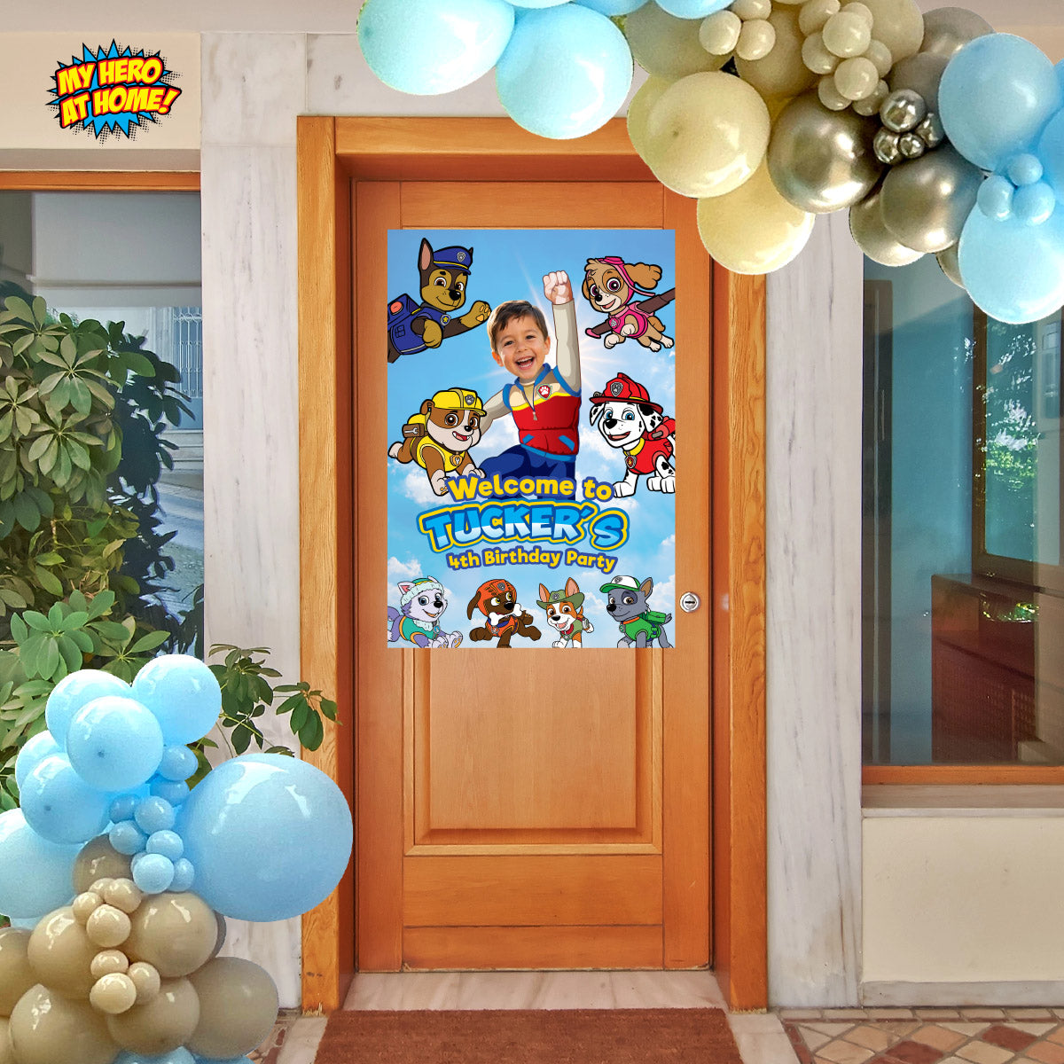 Custom Paw Patrol party Bundle with photo: backdrop, cake topper, welcome sign. 2461B4