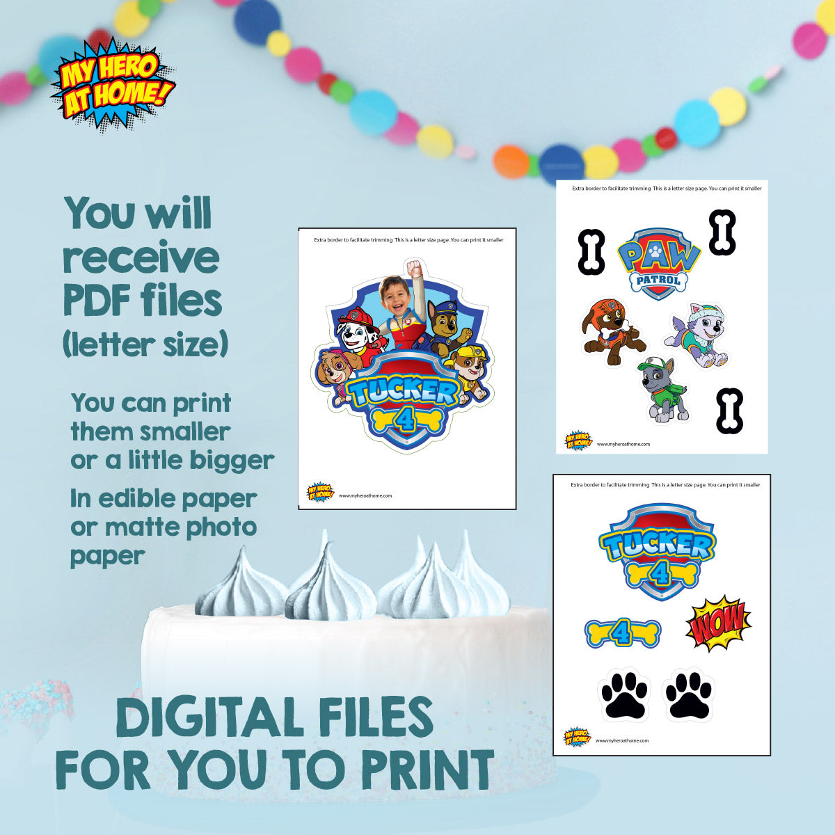Custom Paw Patrol party Bundle with photo: backdrop, cake topper, welcome sign. 2461B4