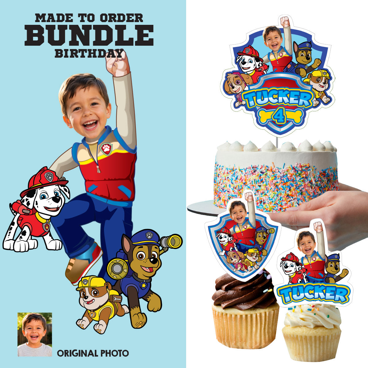 Paw Patrol Matching Cake and Cupcake Toppers Bundle with birthday kid as the star. 2461B5