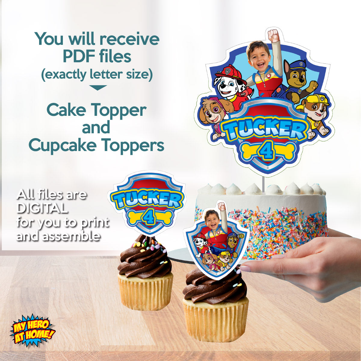 Paw Patrol Matching Cake and Cupcake Toppers Bundle with birthday kid as the star. 2461B5