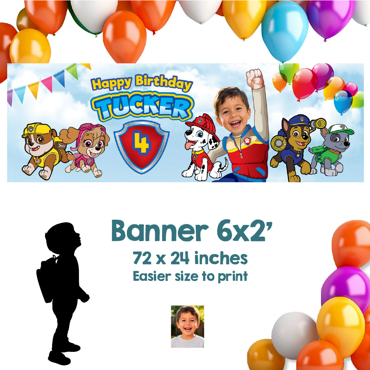 Paw Patrol birthday banner with kid as Ryder (6x2', Paw Patrol decor). 2461BBH
