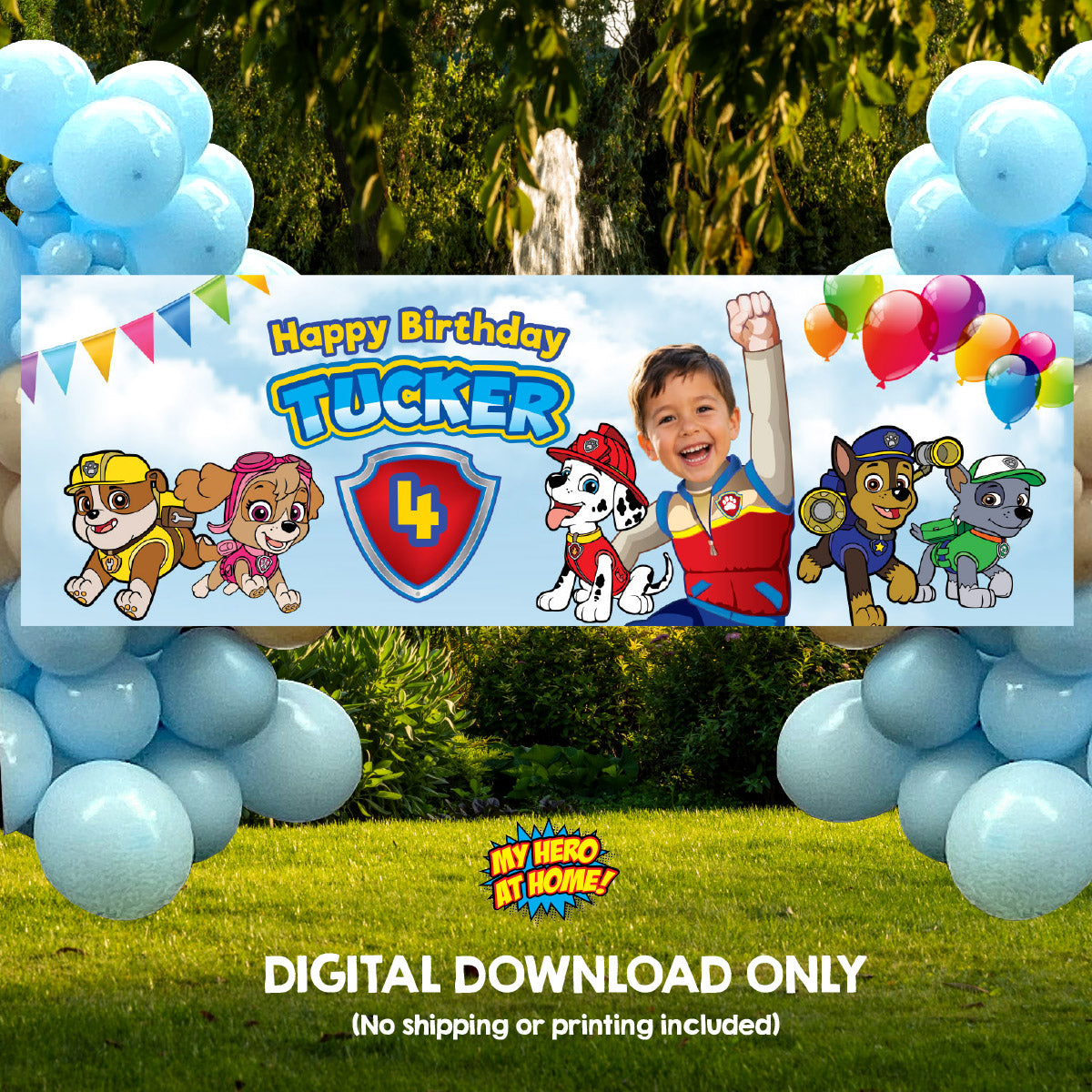 Paw Patrol birthday banner with kid as Ryder (6x2', Paw Patrol decor). 2461BBH
