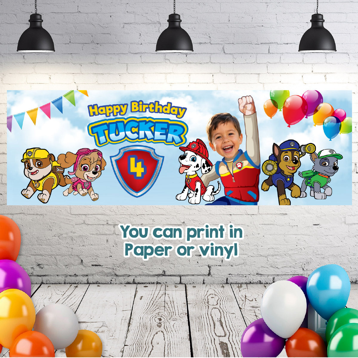 Paw Patrol birthday banner with kid as Ryder (6x2', Paw Patrol decor). 2461BBH
