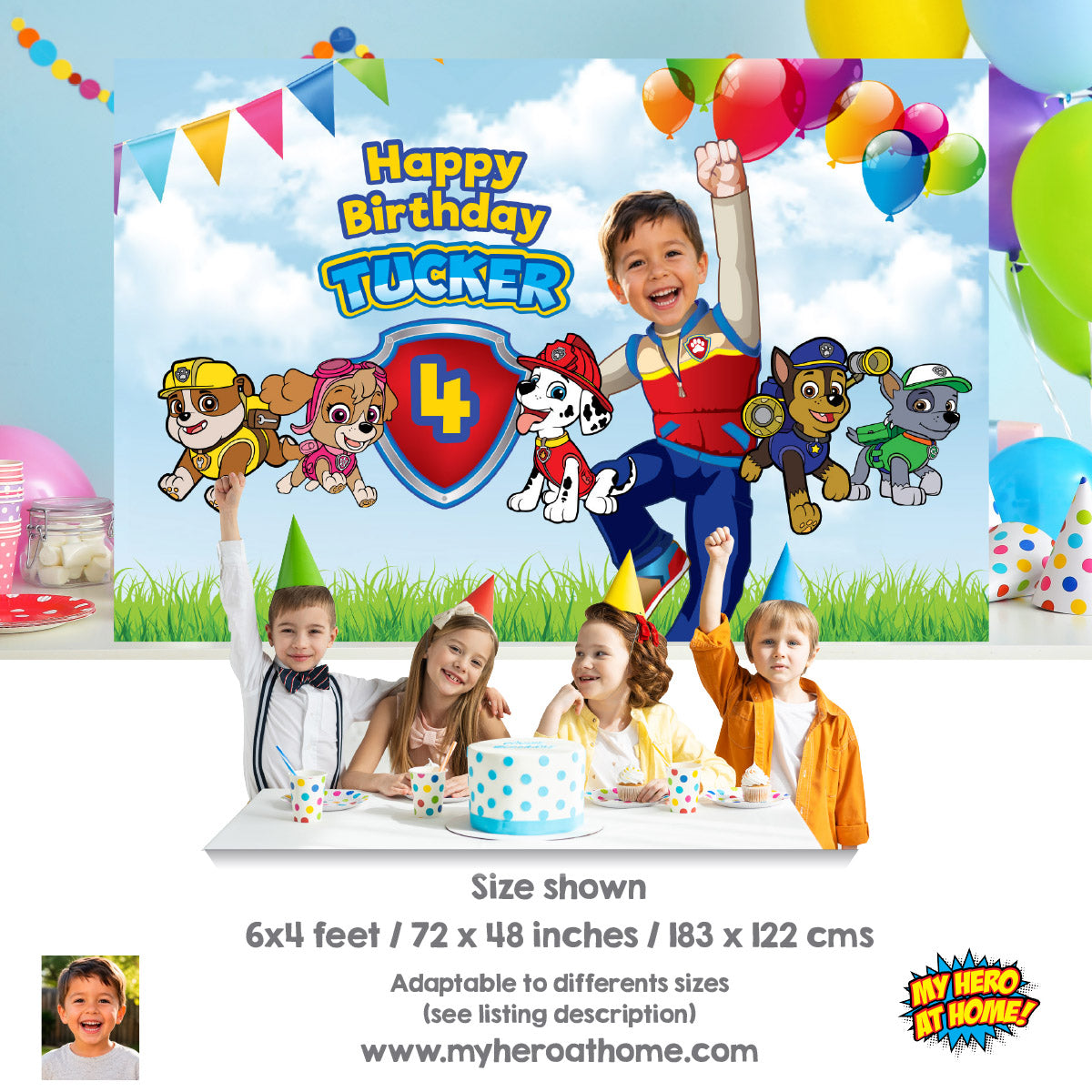 Paw Patrol Birthday Backdrop with kid as Ryder, Custom Paw Patrol banner decor. 2461BB