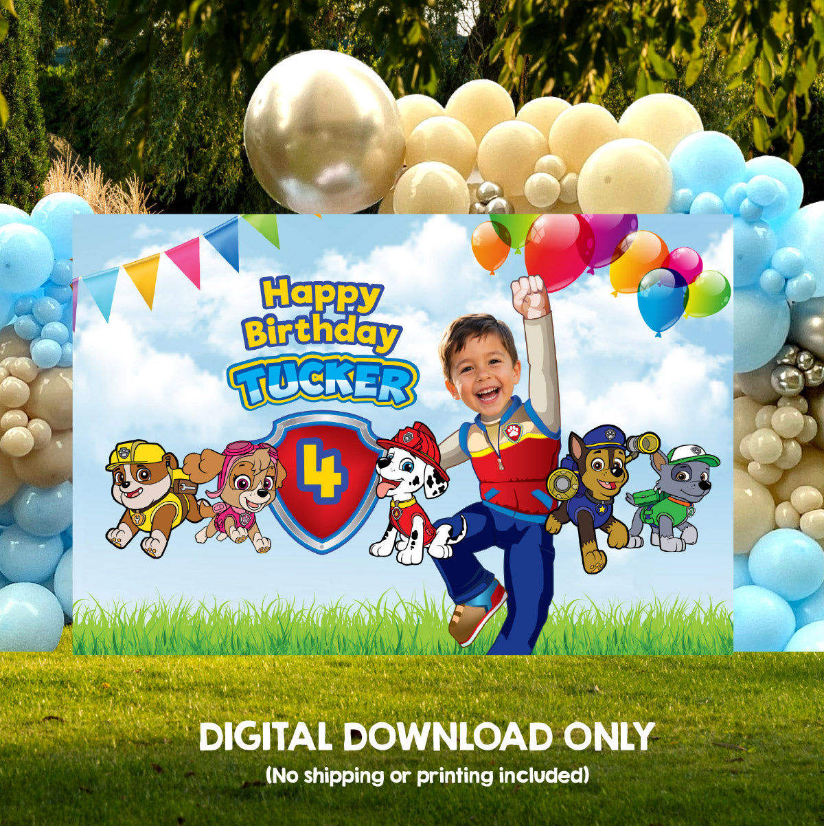 Paw Patrol Birthday Backdrop with kid as Ryder, Custom Paw Patrol banner decor. 2461BB