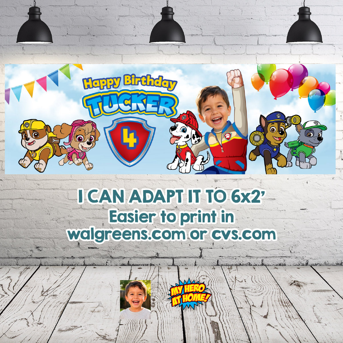 Paw Patrol vertical birthday banner with kid as Ryder, Ryder and Paw Pups portrait banner. 2461BBV