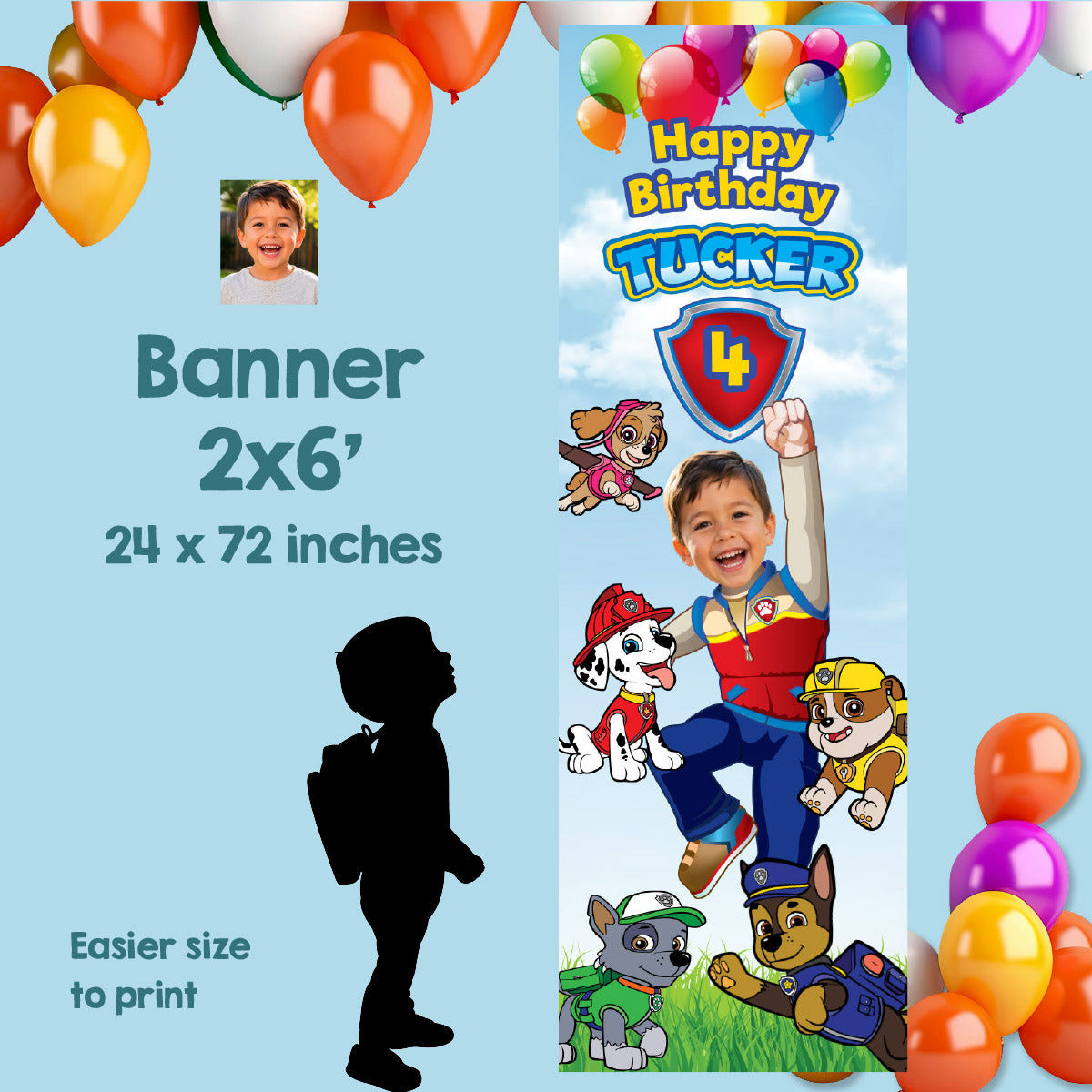 Paw Patrol vertical birthday banner with kid as Ryder, Ryder and Paw Pups portrait banner. 2461BBV