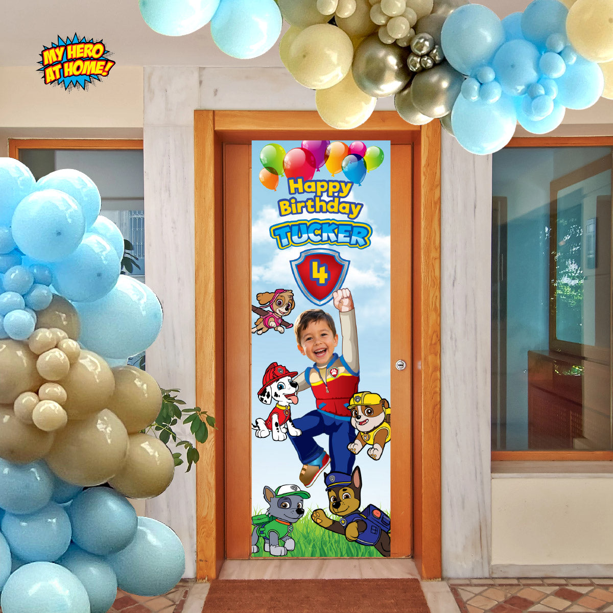 Paw Patrol vertical birthday banner with kid as Ryder, Ryder and Paw Pups portrait banner. 2461BBV