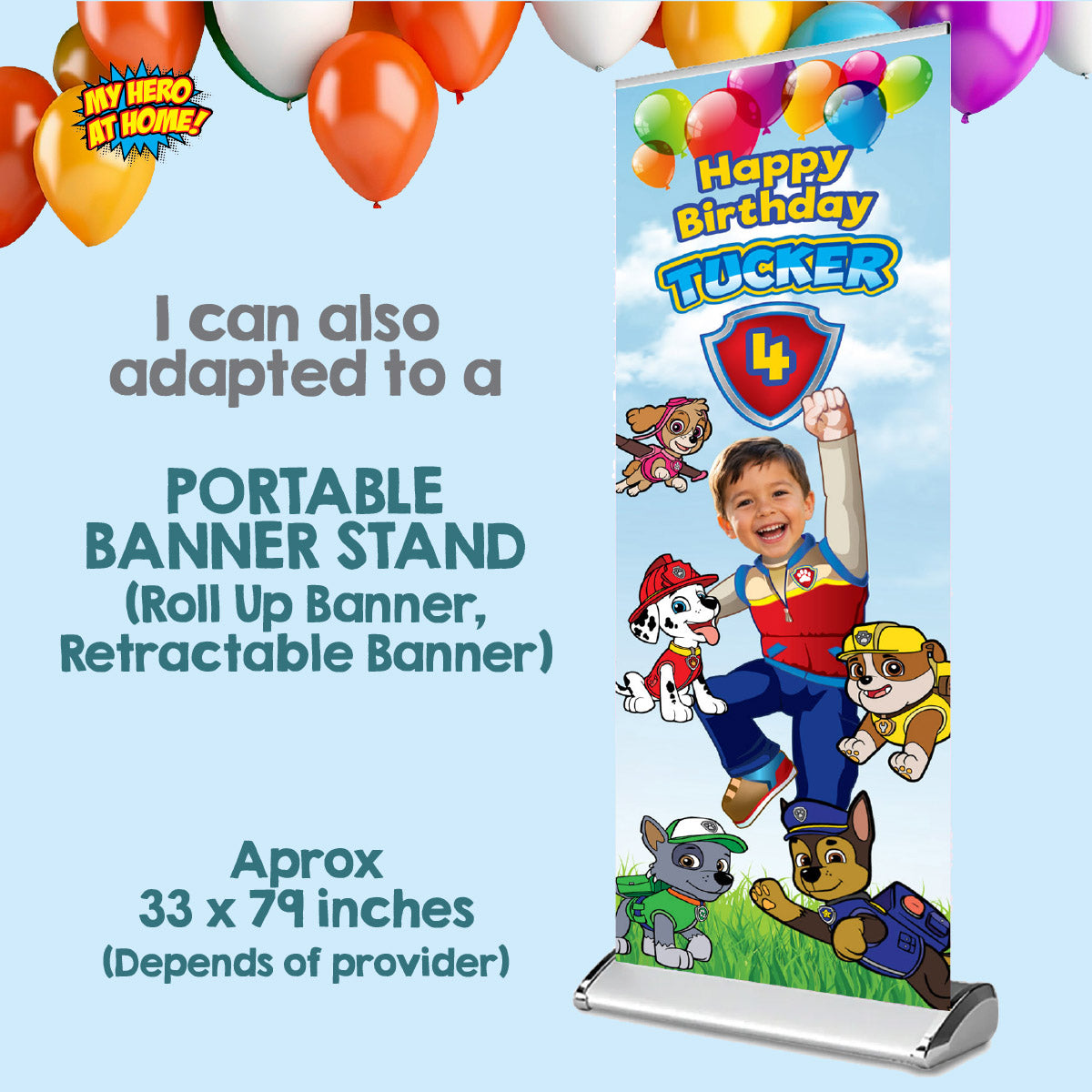 Paw Patrol vertical birthday banner with kid as Ryder, Ryder and Paw Pups portrait banner. 2461BBV