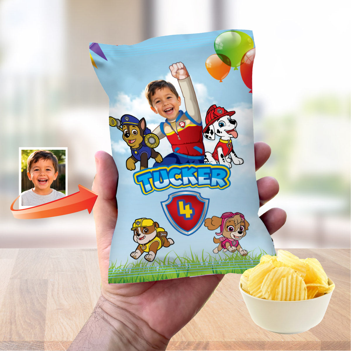 Matching birthday Bundle for a Paw Patrol table Party, cake topper, water, Chips, boxes. 2461B1