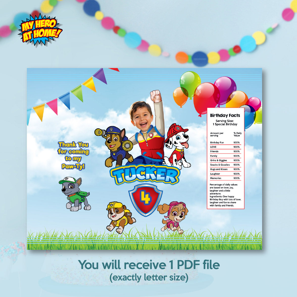 Matching birthday Bundle for a Paw Patrol table Party, cake topper, water, Chips, boxes. 2461B1