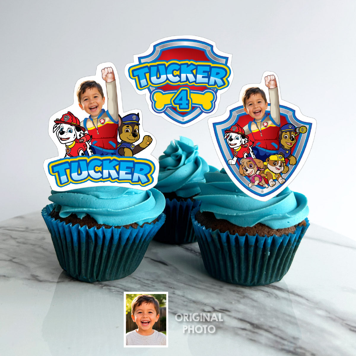 Paw Patrol Matching Cake and Cupcake Toppers Bundle with birthday kid as the star. 2461B5
