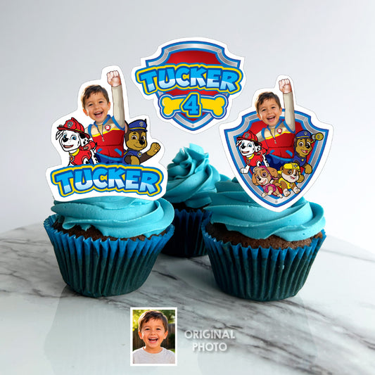 Personalized Paw Patrol Cupcakes Toppers featuring birthday kid as Ryder. 2461CK