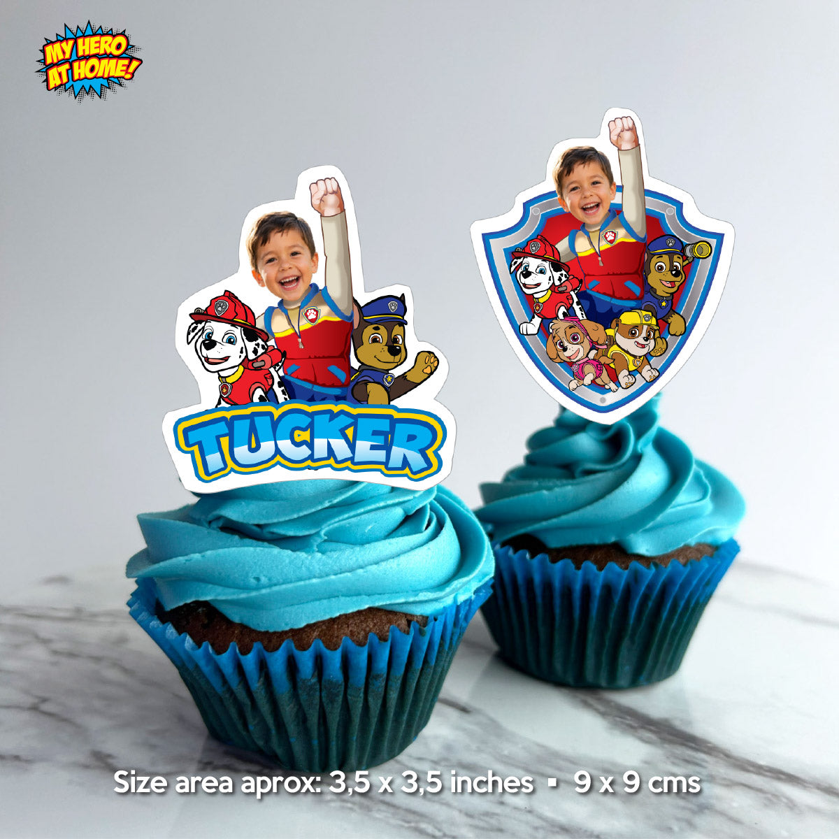 Personalized Paw Patrol Cupcakes Toppers featuring birthday kid as Ryder. 2461CK