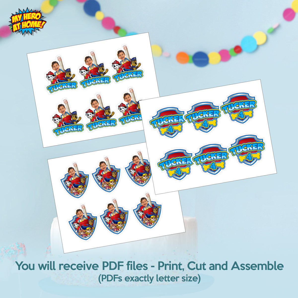 Paw Patrol Matching Cake and Cupcake Toppers Bundle with birthday kid as the star. 2461B5