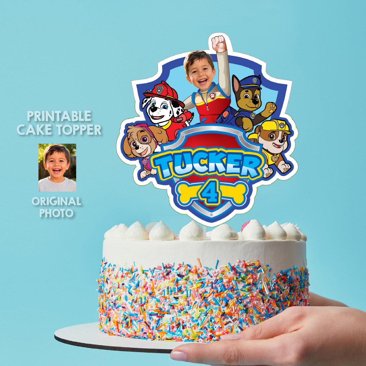 Paw Patrol Matching Cake and Cupcake Toppers Bundle with birthday kid as the star. 2461B5