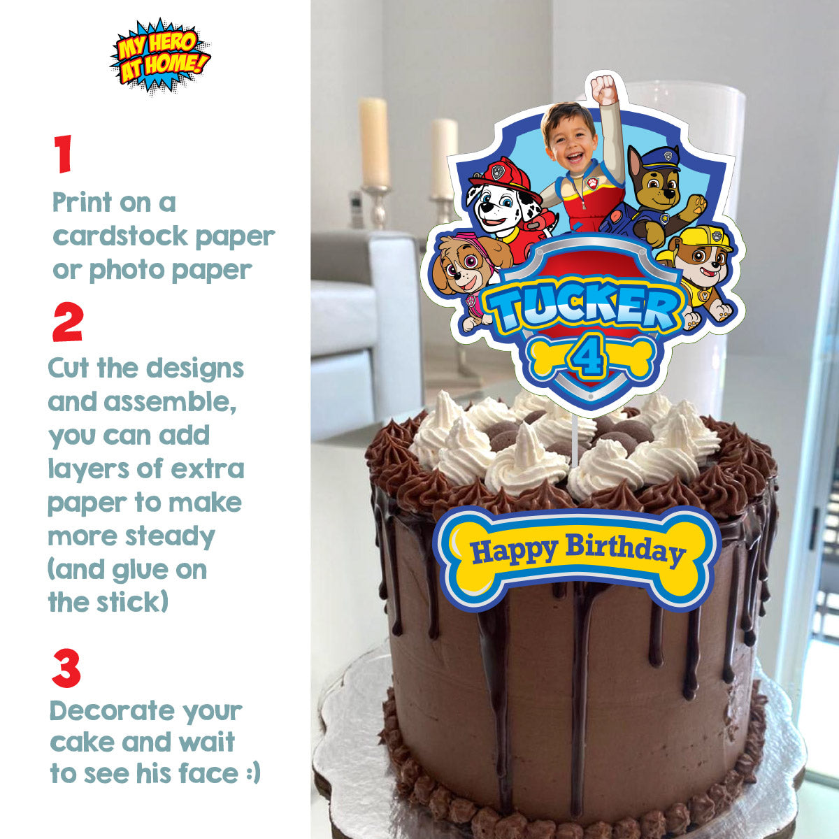 Printable Paw Patrol Cake topper with your birthday kid as Ryder. 2461CT