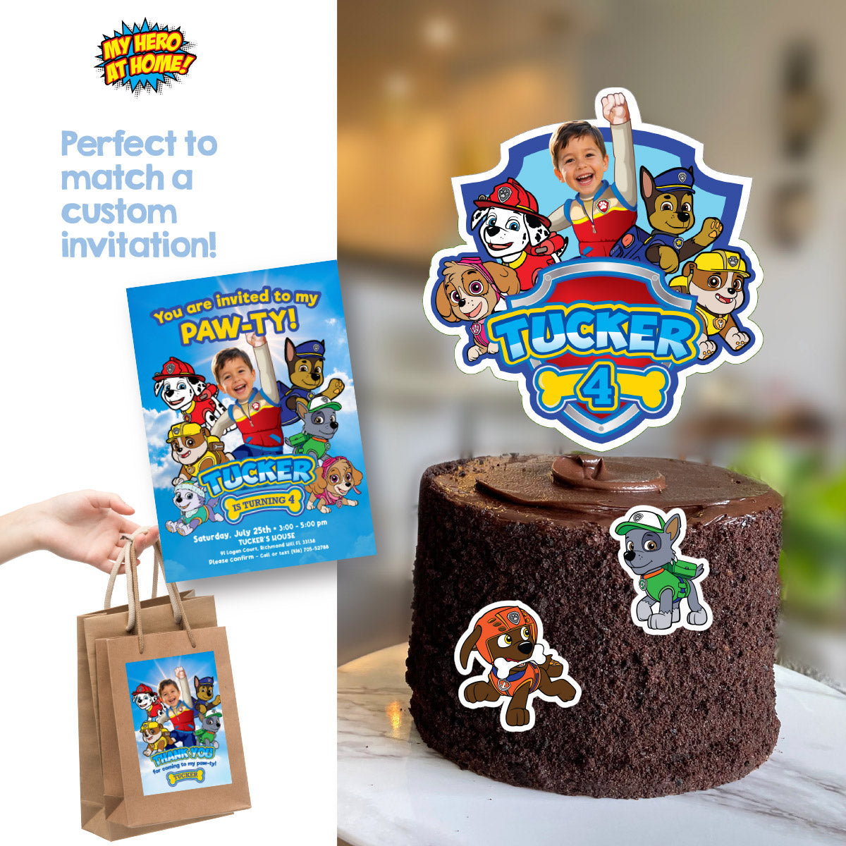 Printable Paw Patrol Cake topper with your birthday kid as Ryder. 2461CT