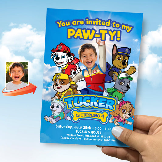 You are invited to Paw-Ty Invitation with photo, Paw Patrol Birthday invitation with kid as Ryder. 2461IN