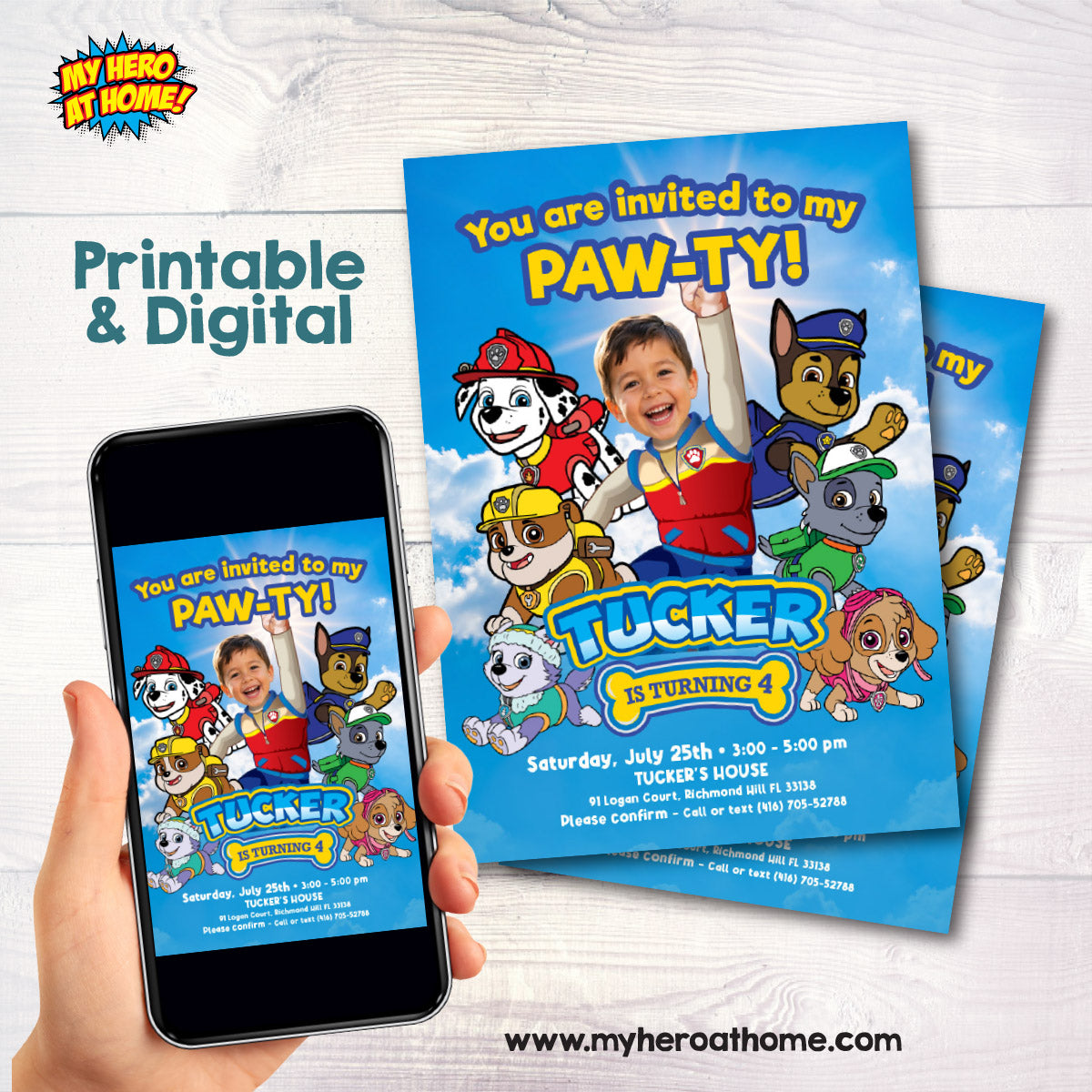 You are invited to Paw-Ty Invitation with photo, Paw Patrol Birthday invitation with kid as Ryder. 2461IN