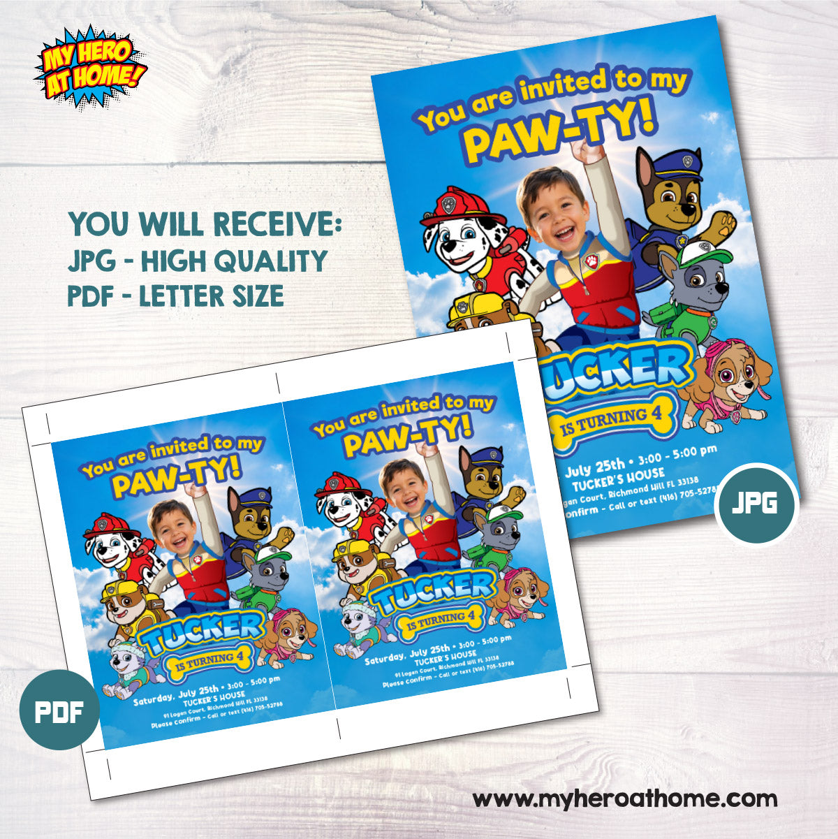 You are invited to Paw-Ty Invitation with photo, Paw Patrol Birthday invitation with kid as Ryder. 2461IN