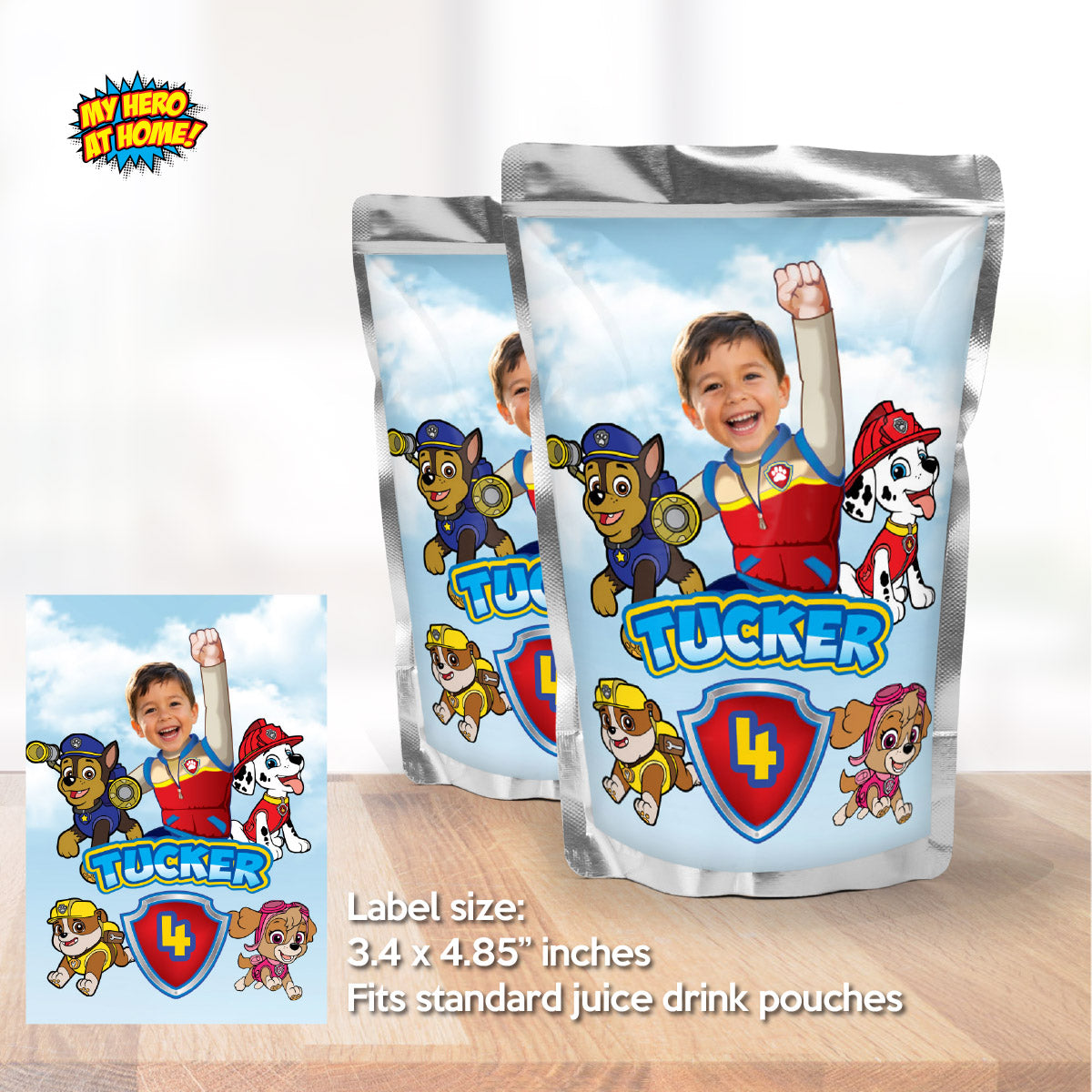 Paw Patrol water wrappers with kid as Ryder, Custom Ryder Paw Pups Capri Sun labels. 2461WJ