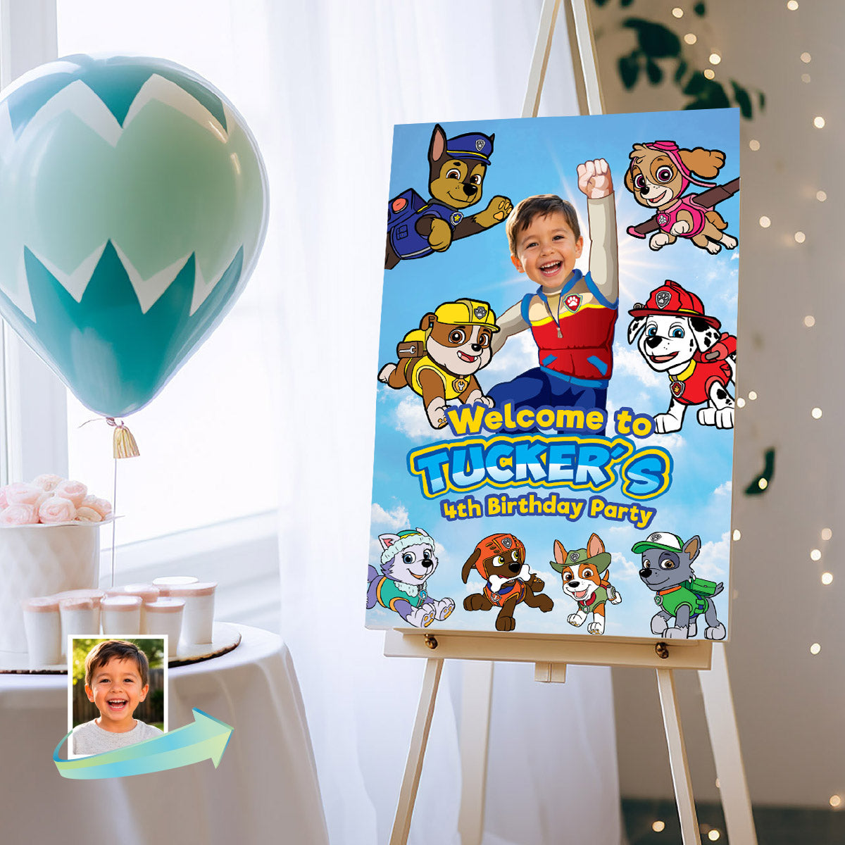 Paw Patrol Welcome to my Birthday Paw-ty Sign with kid as Ryder. 2461WS