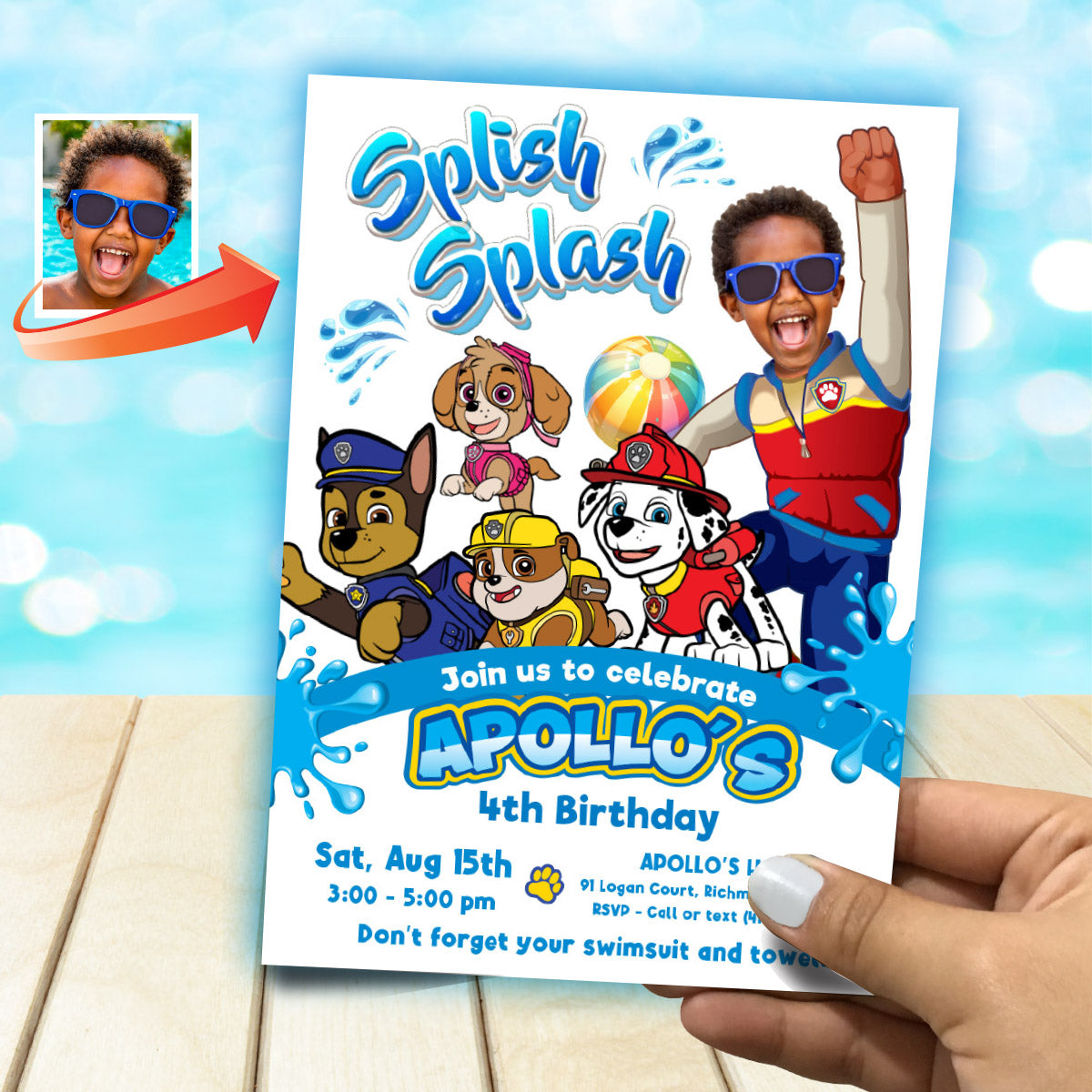 Custom Paw Patrol Splash Party Invitation with birthday child as Ryder. 2462IN2