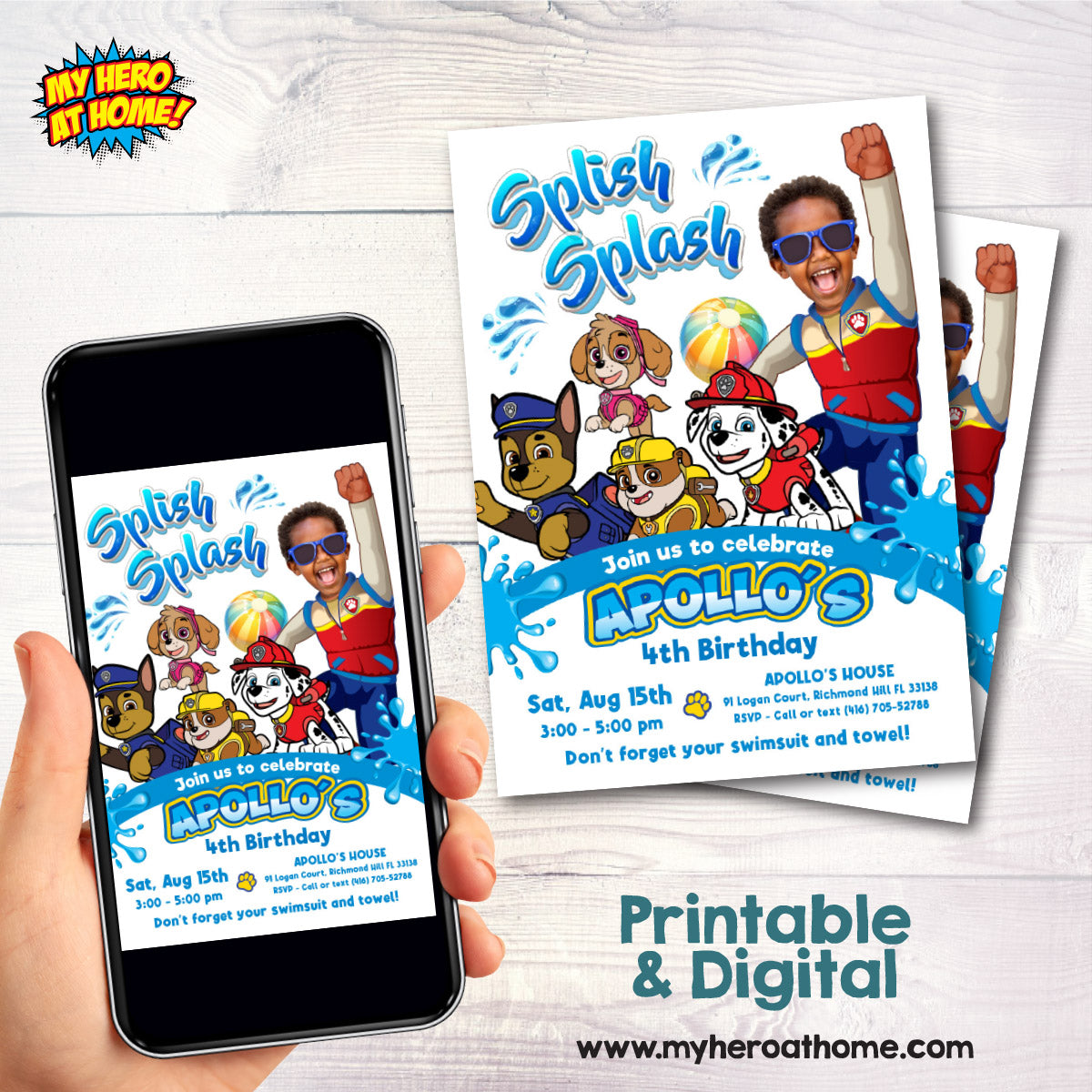 Custom Paw Patrol Splash Party Invitation with birthday child as Ryder. 2462IN2