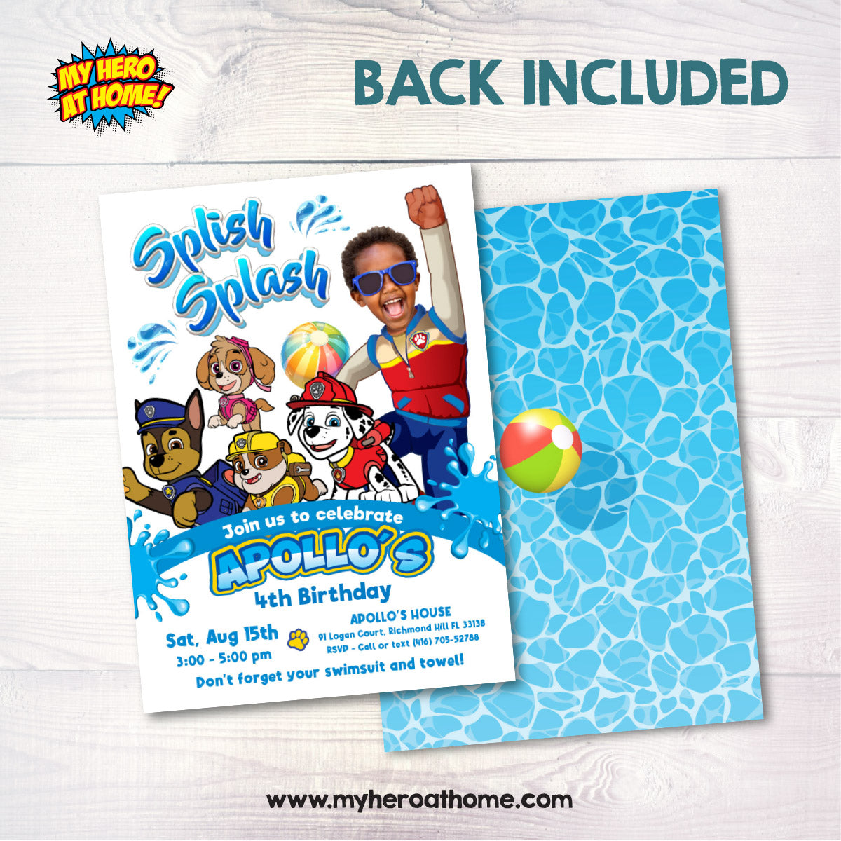 Custom Paw Patrol Splash Party Invitation with birthday child as Ryder. 2462IN2