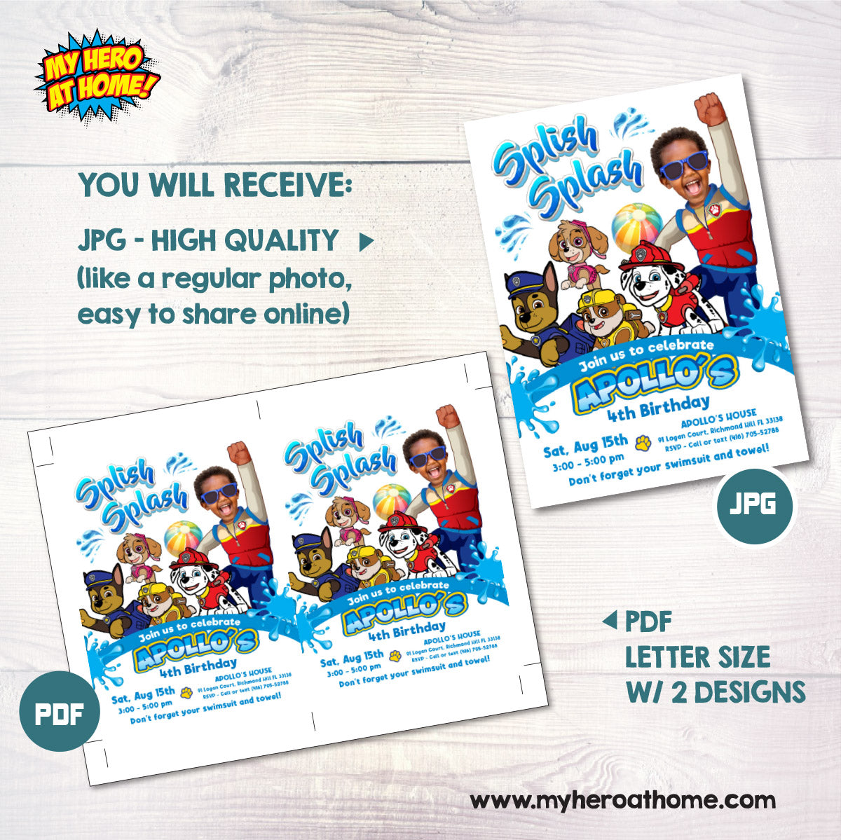 Custom Paw Patrol Splash Party Invitation with birthday child as Ryder. 2462IN2