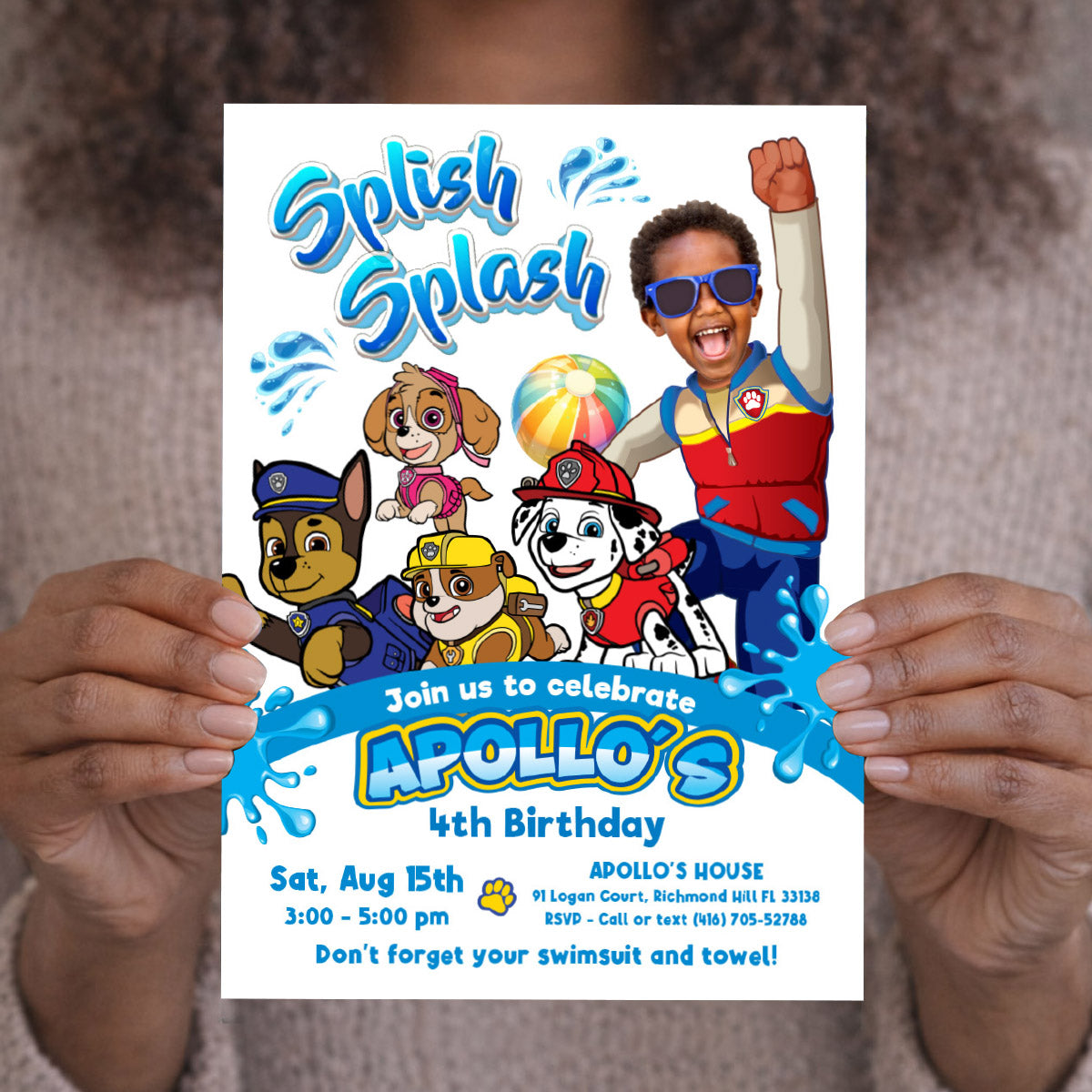 Custom Paw Patrol Splash Party Invitation with birthday child as Ryder. 2462IN2