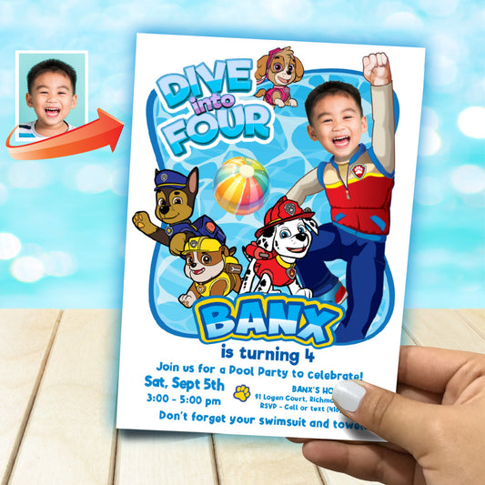 Custom Paw Patrol Dive Into Age Party Invitation with kid as Ryder. 2462IN3