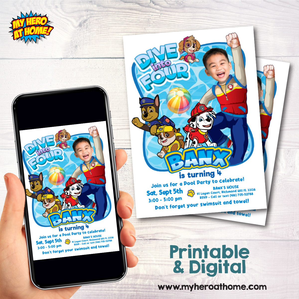 Custom Paw Patrol Dive Into Age Party Invitation with kid as Ryder. 2462IN3