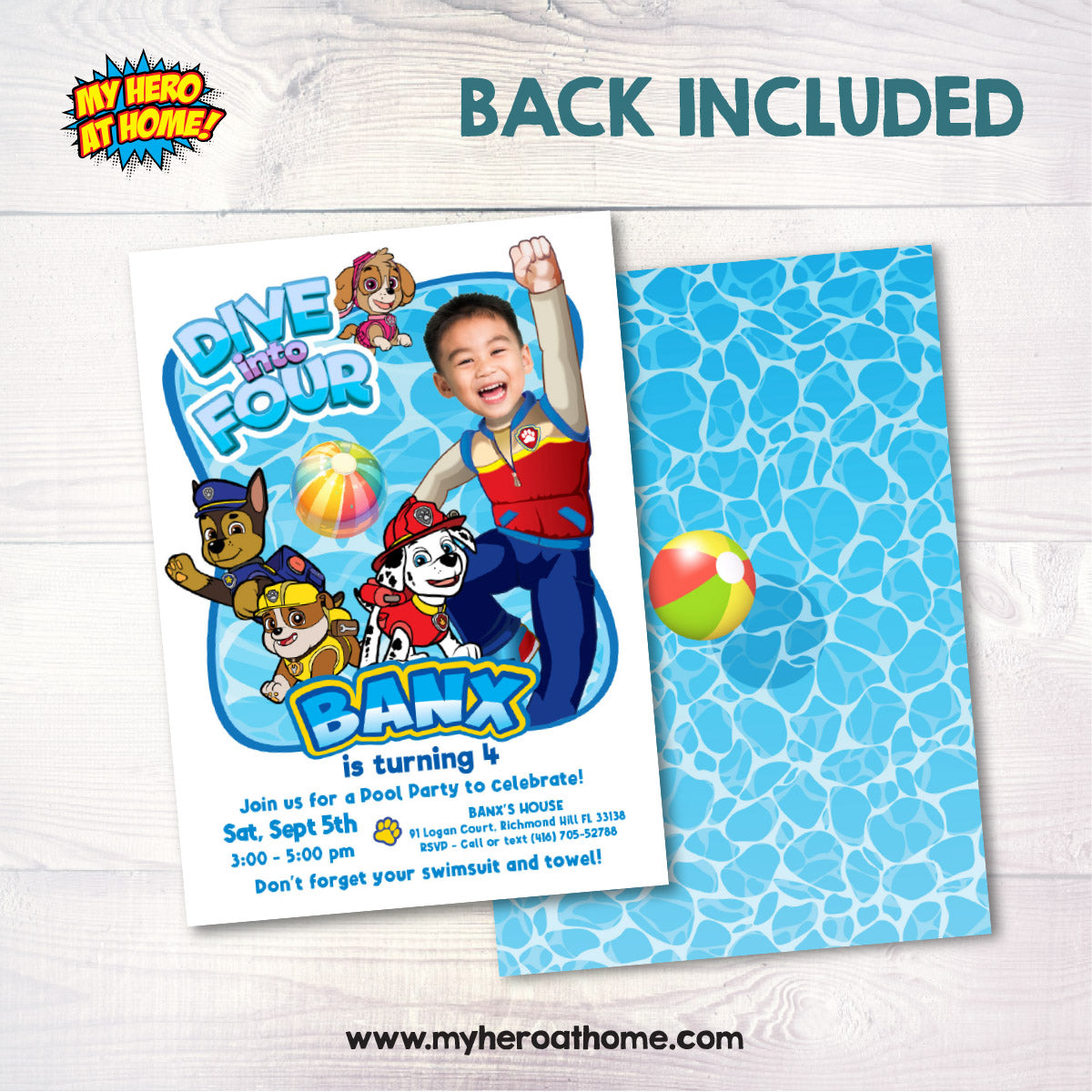 Custom Paw Patrol Dive Into Age Party Invitation with kid as Ryder. 2462IN3