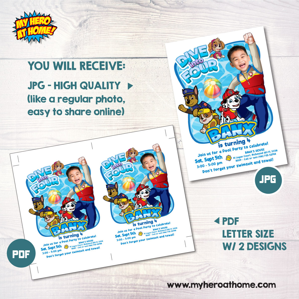Custom Paw Patrol Dive Into Age Party Invitation with kid as Ryder. 2462IN3