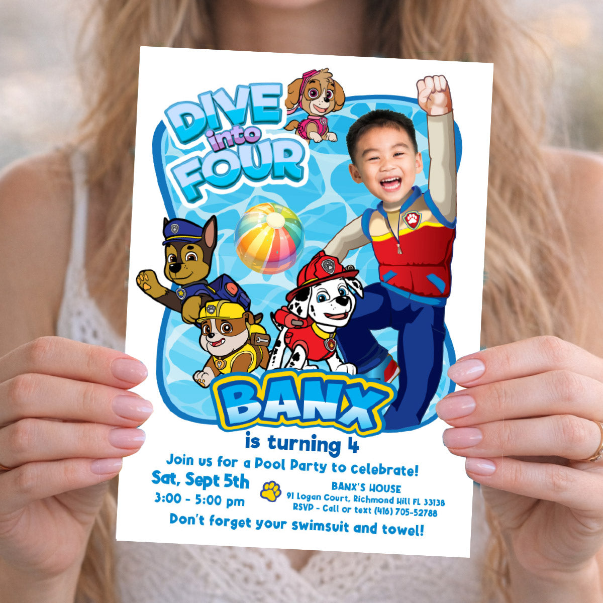 Custom Paw Patrol Dive Into Age Party Invitation with kid as Ryder. 2462IN3