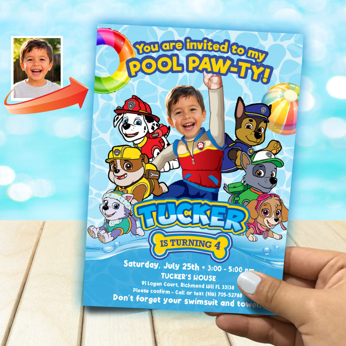 Ryder Paw Patrol Pool Party Invitation with birthday child as the star. 2462IN1