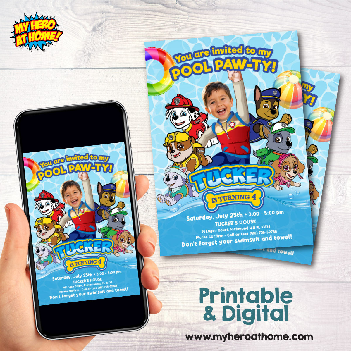 Ryder Paw Patrol Pool Party Invitation with birthday child as the star. 2462IN1