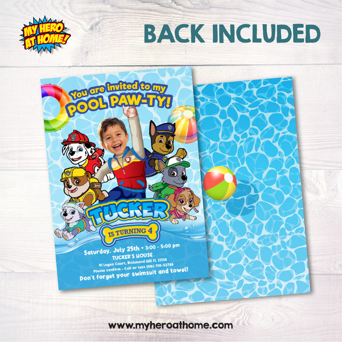 Ryder Paw Patrol Pool Party Invitation with birthday child as the star. 2462IN1