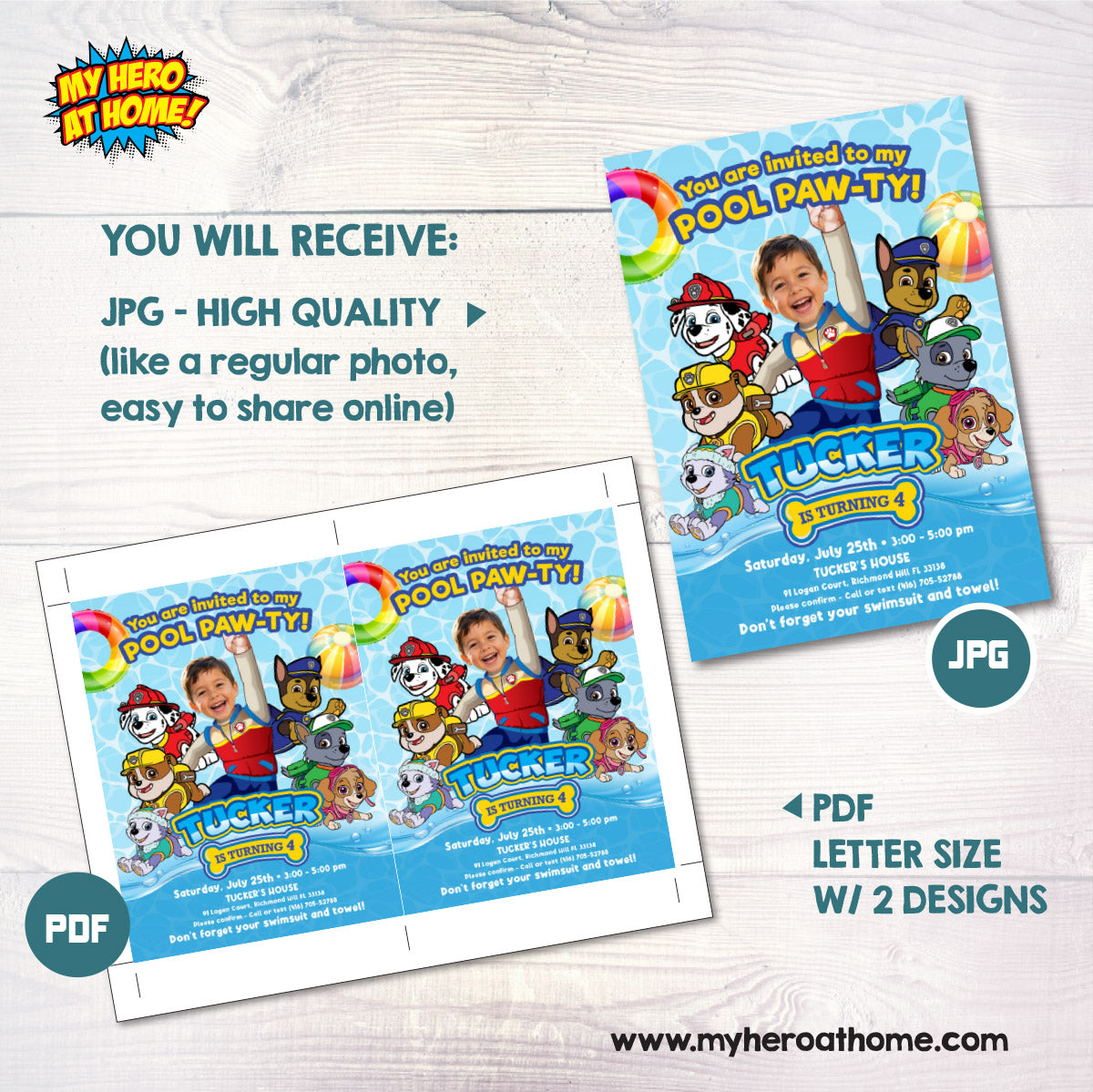 Ryder Paw Patrol Pool Party Invitation with birthday child as the star. 2462IN1