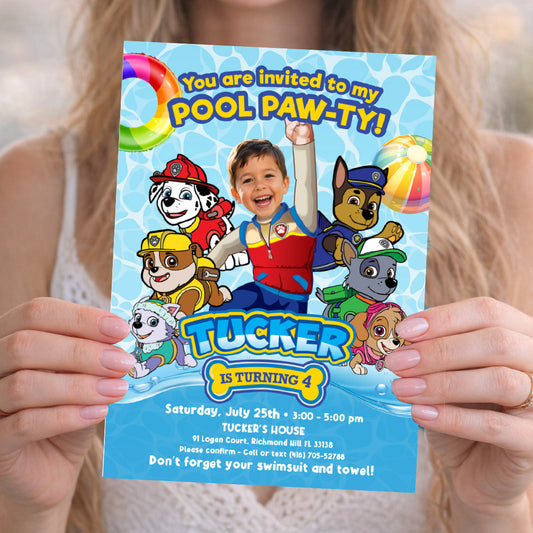 Ryder Paw Patrol Pool Party Invitation with birthday child as the star. 2462IN1