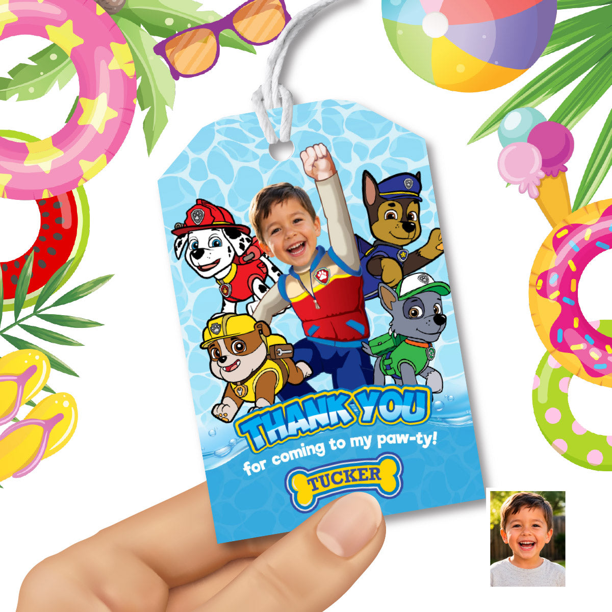 Personalized Thank You for coming to my Pool Party tag with child as the star. 2462TY1