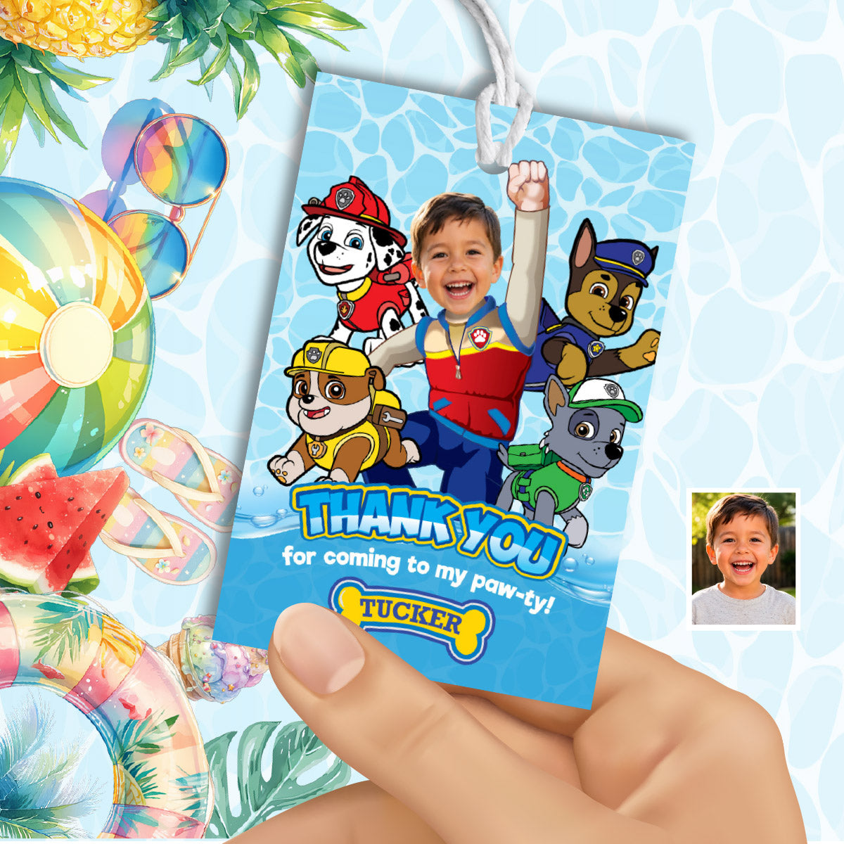 Personalized Thank You for coming to my Pool Party tag with child as the star. 2462TY1