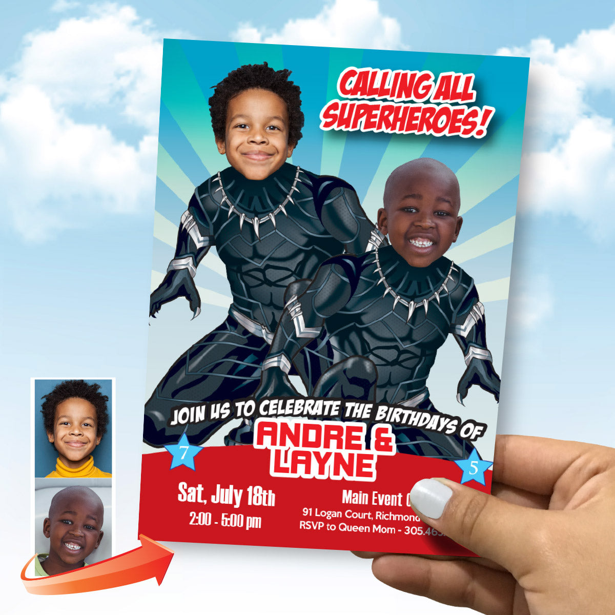 Two Black Panther Siblings Birthday Party Invitation with children as the stars. 2463IN1