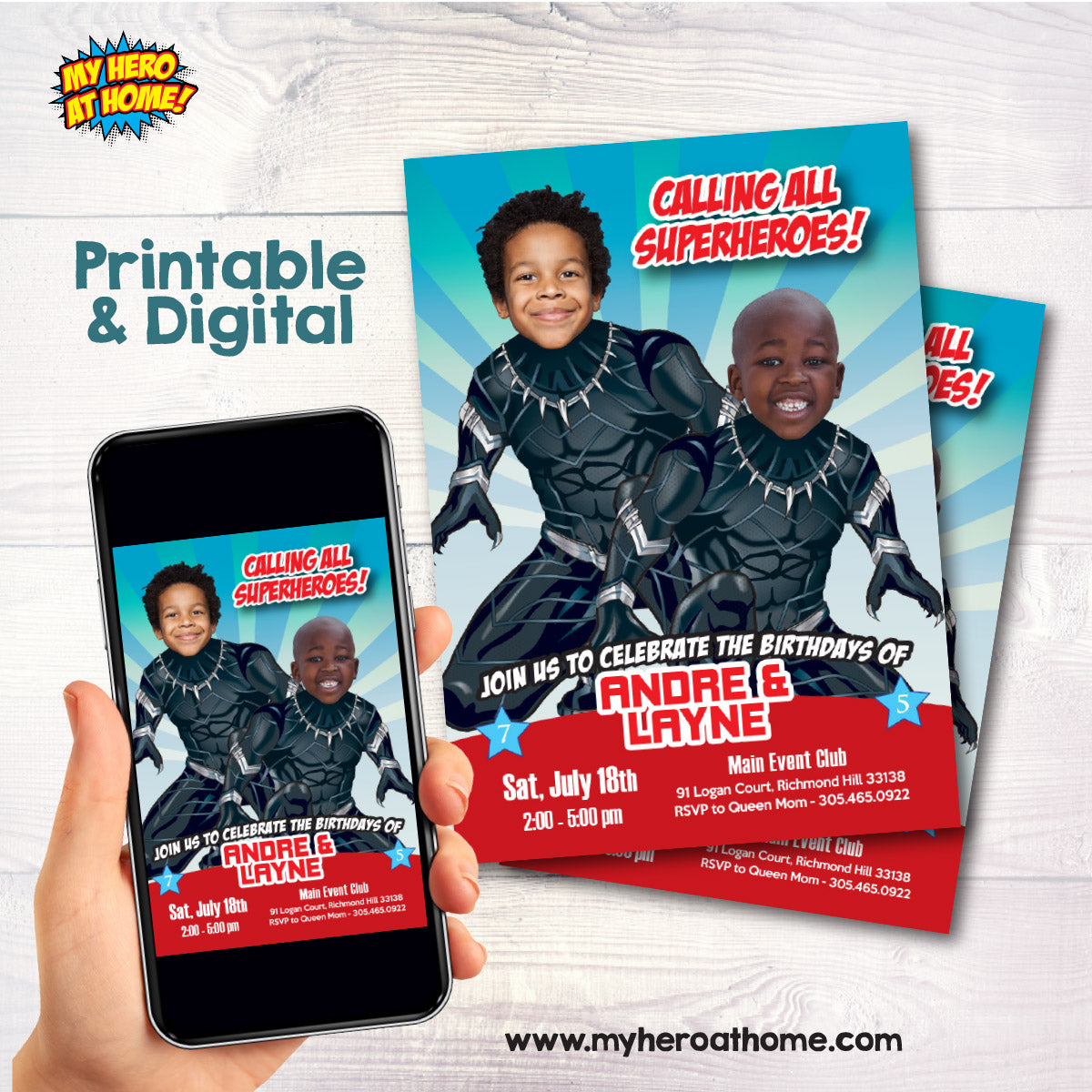 Two Black Panther Siblings Birthday Party Invitation with children as the stars. 2463IN1