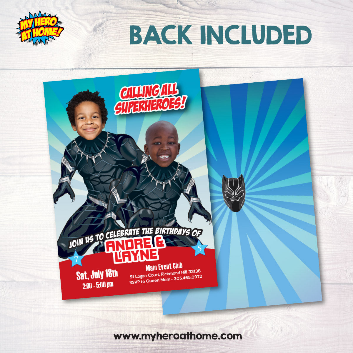 Two Black Panther Siblings Birthday Party Invitation with children as the stars. 2463IN1